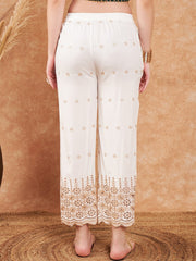 Off-White & Pink Embroidered Palazzos – Flared Fit – Rayon