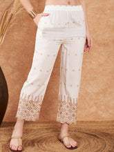 Off-White & Pink Embroidered Palazzos – Flared Fit – Rayon