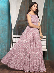 Mauve Floral Print Georgette Maxi Dress – Round Neck – Gathered Detail