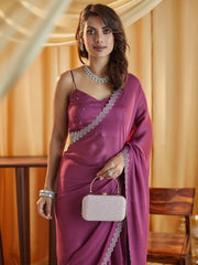 Magenta Solid Pure Chiffon Saree – Embellished Border – Beads and Stones