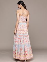 Blue Floral Print Cotton Maxi Dress – Shoulder Straps – Cut-Out Detail