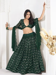 Green Sequinned Embroidered Lehenga – Round Neck – Dupatta Included