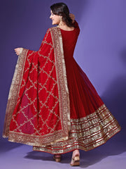 Maroon Maxi Georgette Ethnic Dress – V-Neck – Solid