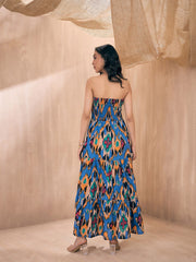 Blue & Brown Ikat Cotton Maxi Dress – Strapless – Smocked
