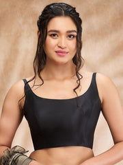 Black Solid Taffeta Silk Saree Blouse – Round Neck – Sleeveless