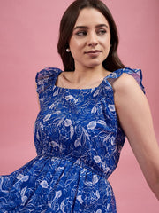 Blue Floral Fit & Flare Georgette Maxi Dress – Square Neck – Printed