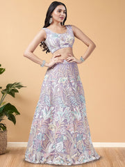 Lavender & Pink Embroidered Net Lehenga – Sequinned – Semi-Stitched with Dupatta