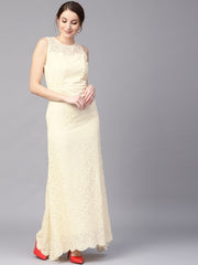 Yellow Flared Lace Maxi Dress – Round Neck – Concealed Zip