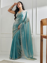 Teal Pure Silk Saree – Embroidered Border – Beads and Stones