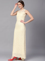 Yellow Flared Lace Maxi Dress – Round Neck – Concealed Zip