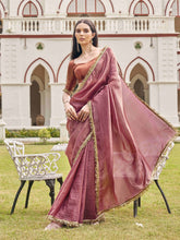 Pink & Gold Sequinned Organza Saree – Embroidered Border – Brocade Blouse Piece
