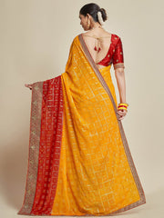 Yellow & Red Bandhani Saree – Embroidered Border – Brocade Blouse Piece