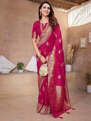 Pink Banarasi Silk Blend Saree – Woven Border – Zari Work