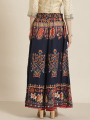 Navy Blue Ethnic Print Cotton Palazzos – Flared Fit – With Scrunchie