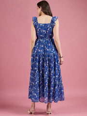 Blue Floral Fit & Flare Georgette Maxi Dress – Square Neck – Printed