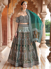 Green & Sea Green Art Silk Lehenga – Off-Shoulder – With Dupatta