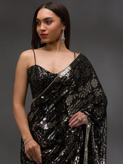 Black & Silver Sequinned Saree – Embellished Border – Georgette Blouse Piece