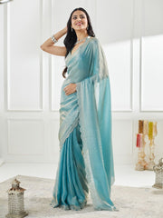 Teal Pure Silk Saree – Embroidered Border – Beads and Stones