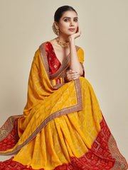 Yellow & Red Bandhani Saree – Embroidered Border – Brocade Blouse Piece