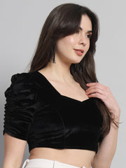 Black Solid Stretchable Velvet Blouse – Sweetheart Neck – Ruched Short Sleeves