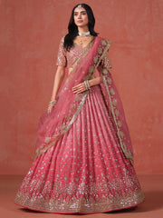 Peach Sequinned Embroidered Lehenga – V-Neck – Dupatta Included