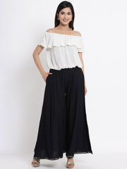 Black Flared Rayon Palazzos – Mirror Work – Slip-On Waist