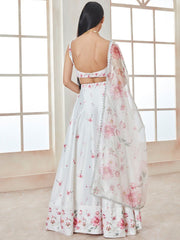 White & Pink Printed Satin Lehenga – V-Neck – Semi-Stitched with Dupatta