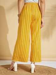 Mustard Yellow Printed Rayon Palazzos – Wide Leg – Elastic Waist