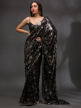 Black & Silver Sequinned Saree – Embellished Border – Georgette Blouse Piece