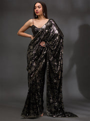 Black & Silver Sequinned Saree – Embellished Border – Georgette Blouse Piece