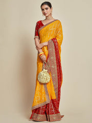 Yellow & Red Bandhani Saree – Embroidered Border – Brocade Blouse Piece