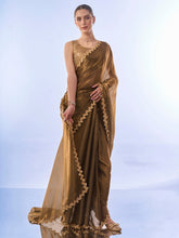 Gunmetal & Gold Solid Organza Saree – Embellished Border – Sequinned