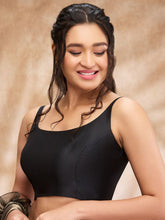 Black Solid Taffeta Silk Saree Blouse – Round Neck – Sleeveless