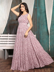 Mauve Floral Print Georgette Maxi Dress – Round Neck – Gathered Detail