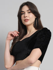 Black Solid Stretchable Velvet Blouse – Sweetheart Neck – Ruched Short Sleeves