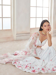 White & Pink Printed Satin Lehenga – V-Neck – Semi-Stitched with Dupatta