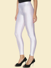 White Solid Shimmer Nylon Elastane Leggings – Ankle Length – Slip-On