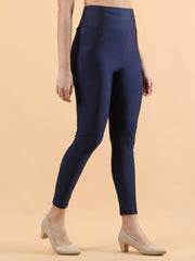Navy Blue Shimmer Nylon Jeggings – High Waist – Solid