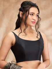 Black Solid Taffeta Silk Saree Blouse – Round Neck – Sleeveless
