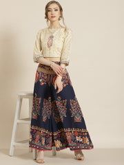 Navy Blue Ethnic Print Cotton Palazzos – Flared Fit – With Scrunchie