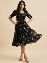 Black Floral Georgette Midi Dress – Square Neck – Puff Sleeves