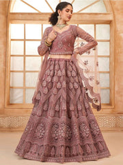 Pink & Silver Embellished Satin Lehenga – Beads & Stones – Semi-Stitched with Dupatta