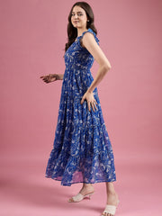 Blue Floral Fit & Flare Georgette Maxi Dress – Square Neck – Printed