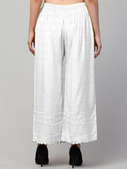 White Floral Embroidered Palazzos – Flared Fit – Knitted Rayon