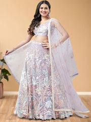 Lavender & Pink Embroidered Net Lehenga – Sequinned – Semi-Stitched with Dupatta