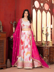 White & Pink Sequinned Embroidered Lehenga – Square Neck – Dupatta Included