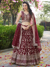Maroon & Gold Embroidered Silk Lehenga – Sequinned – Semi-Stitched with Dupatta