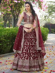 Maroon & Gold Embroidered Silk Lehenga – Sequinned – Semi-Stitched with Dupatta