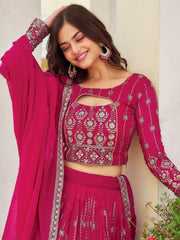 Pink & Silver Embroidered Georgette Lehenga – Sequinned – Semi-Stitched with Dupatta