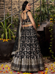 Black & Gold Embroidered Silk Lehenga – Sequinned – Semi-Stitched with Dupatta